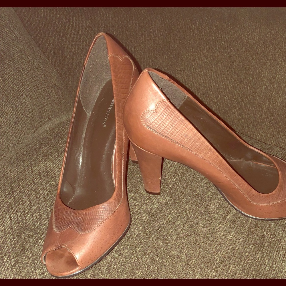Brown open toed leather heels